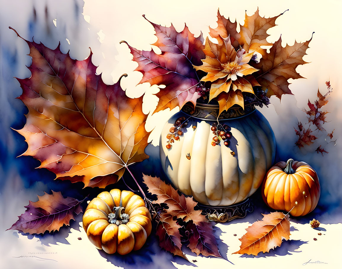 Autumn leaves and pumpkins with vintage pot in artistic rendering