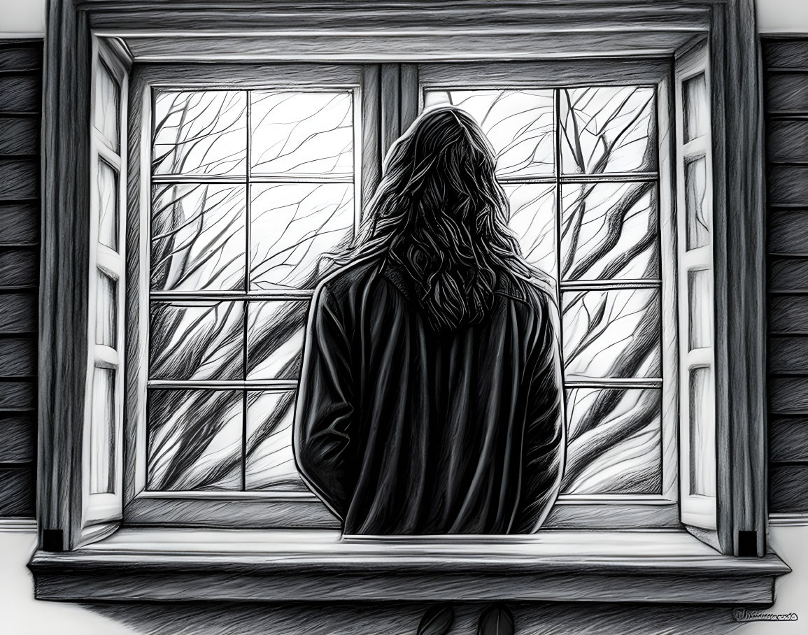 Monochrome depiction of person with long hair gazing out window at tree branches