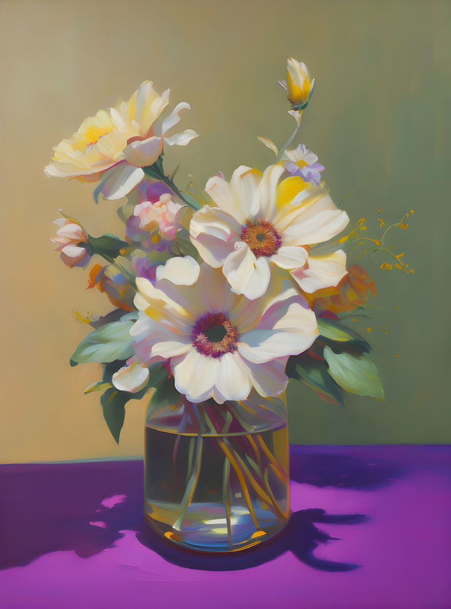 Colorful floral painting with white and yellow flowers in a clear vase on purple surface.