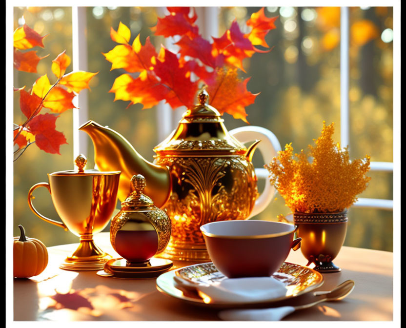 Golden teapot and cups in cozy autumn tea setting