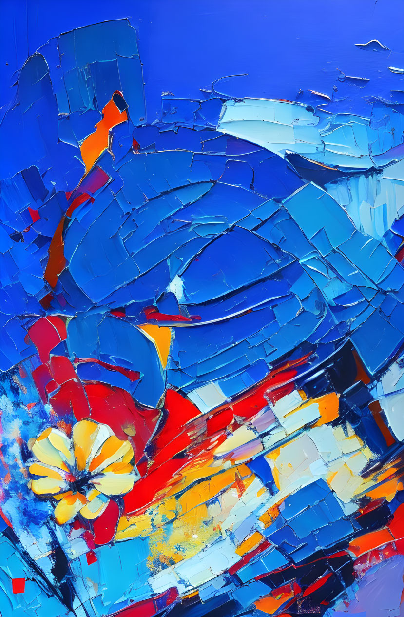 Vivid Abstract Acrylic Painting with Bold Blue Background and Yellow Flower Shape