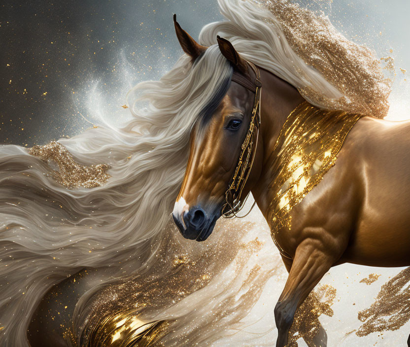 Golden horse with white mane and tail in celestial setting