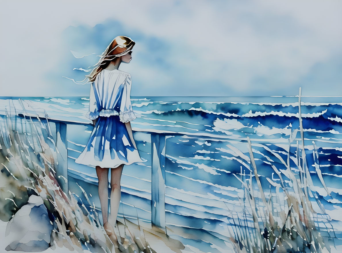 Woman in Blue Dress on Wooden Deck Overlooking Turbulent Sea