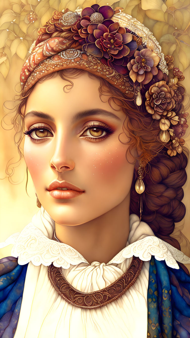 Digital portrait of woman with braided brown hair, wearing lace collar and blue dress