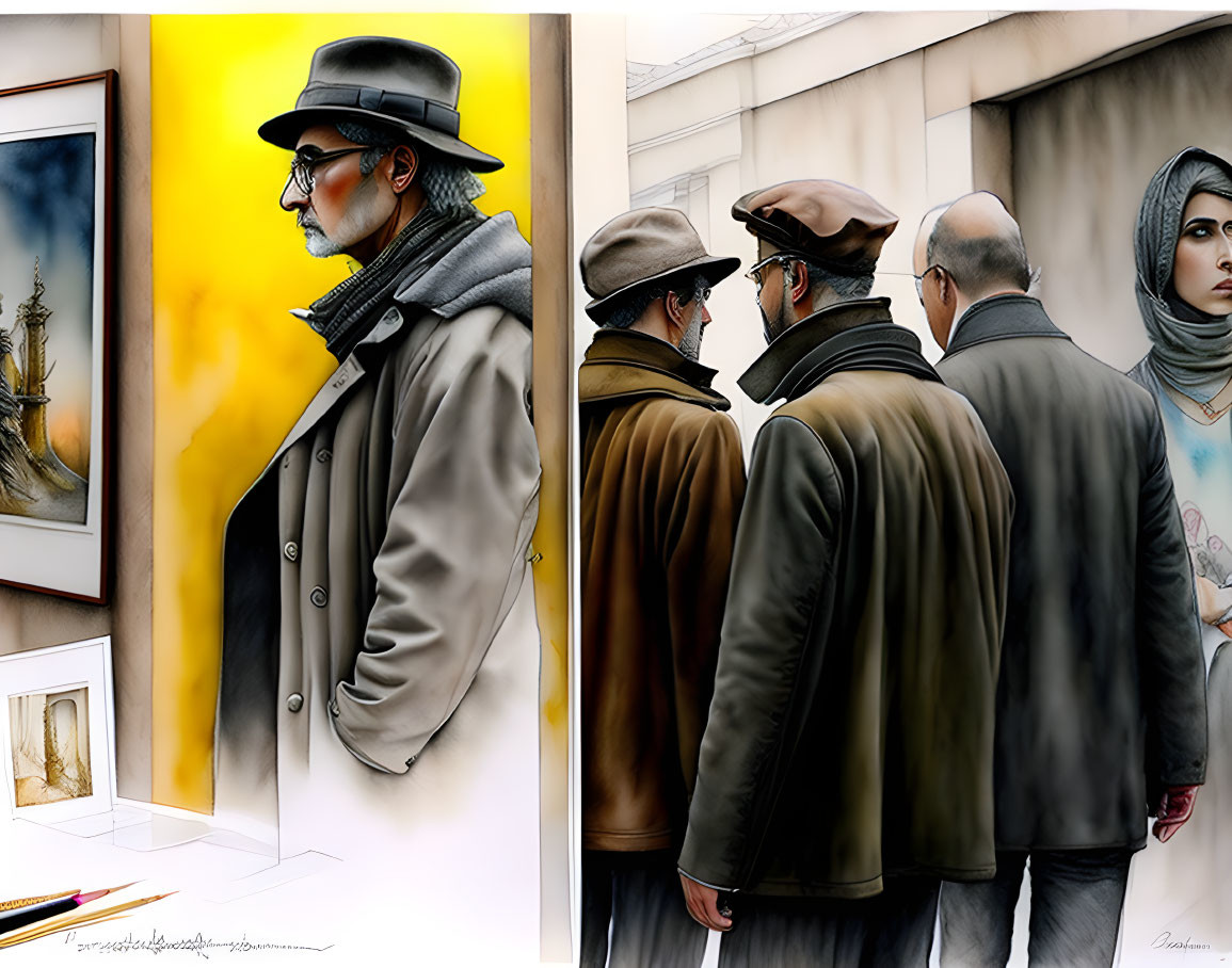 Split Artwork: Stylish Man in Yellow vs. Man in Queue