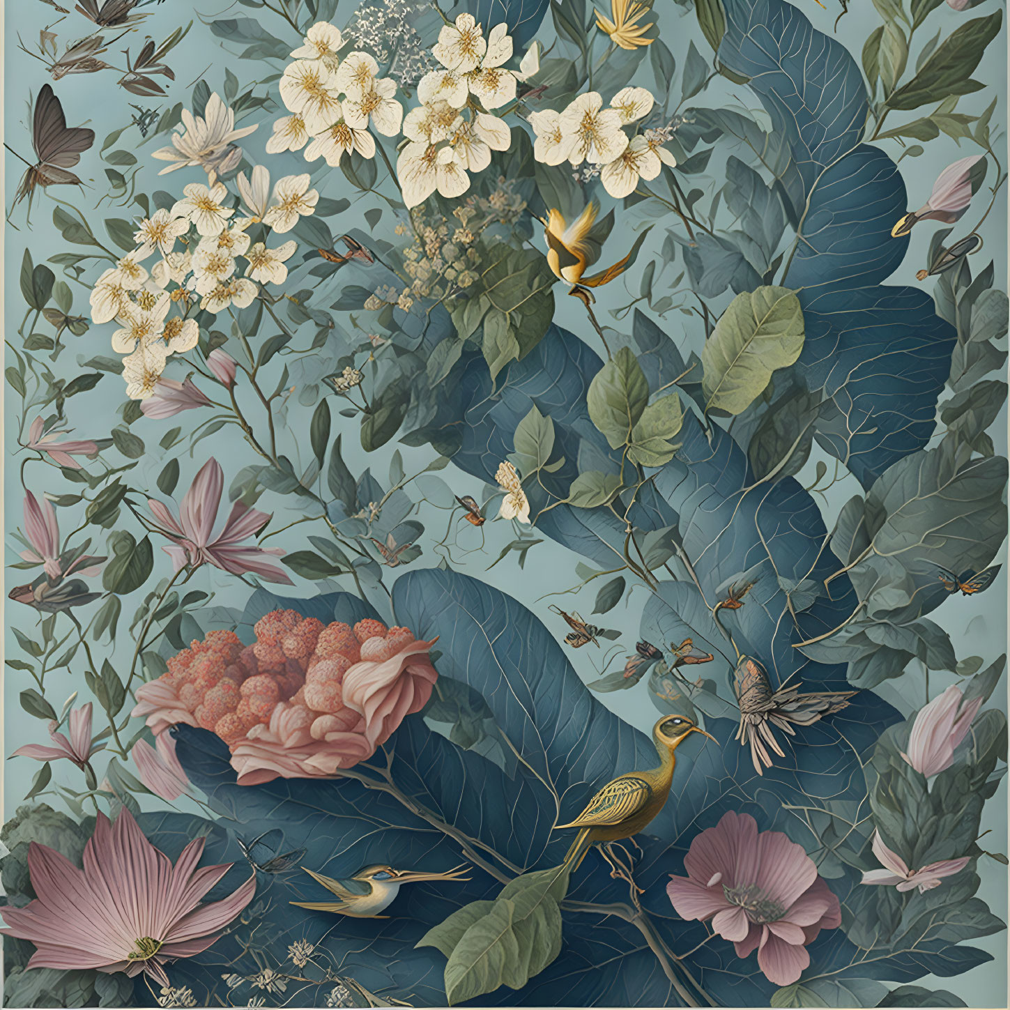 Detailed botanical illustration: lush flowers, intricate leaves, birds on teal.