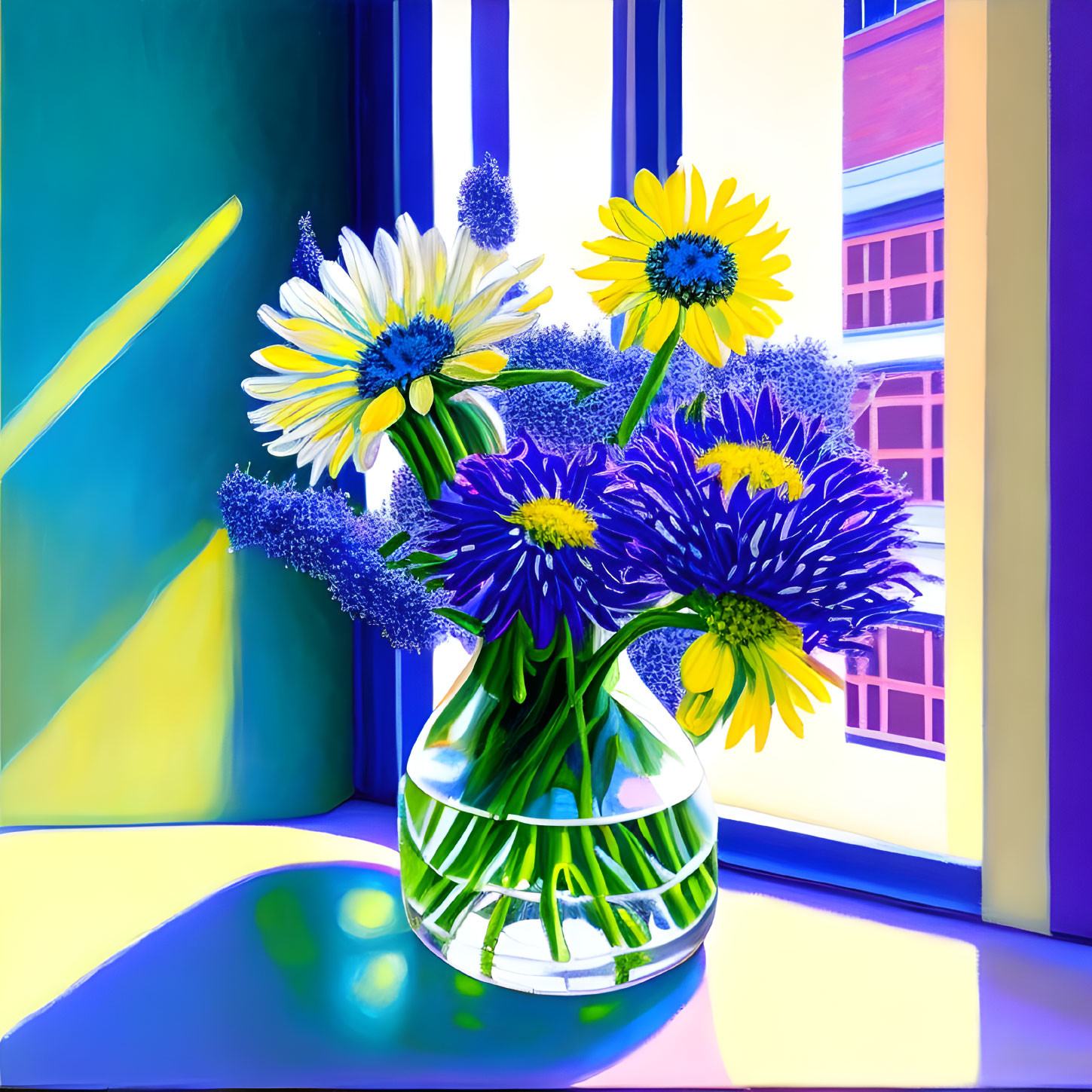 Colorful Still-Life Painting: Daisies & Flowers in Glass Vase