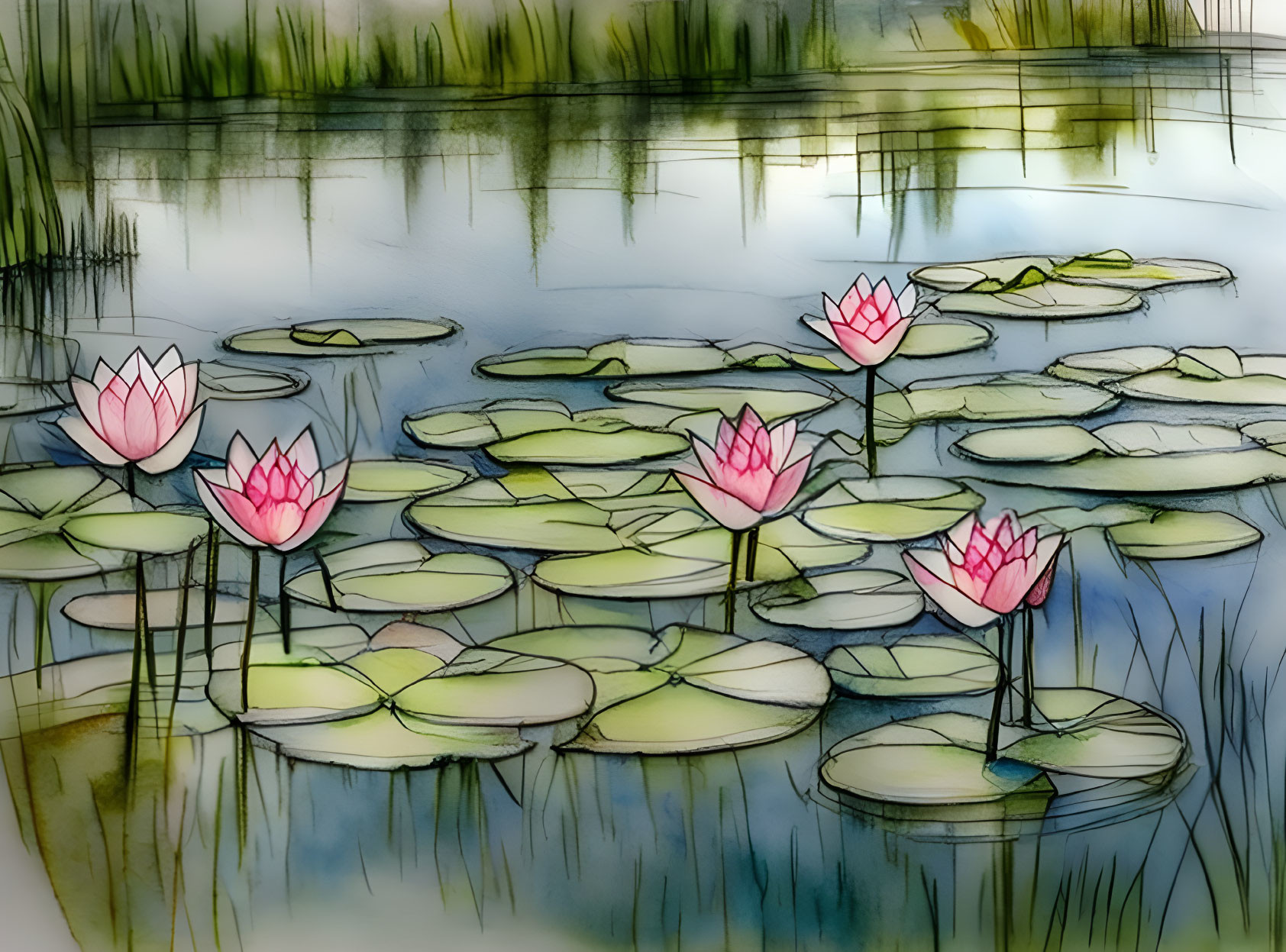 Pink water lilies and green pads on tranquil pond with soft-focus reed background.