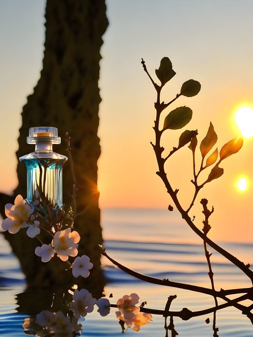 Perfume bottle on branch with white flowers at sunset over calm waters