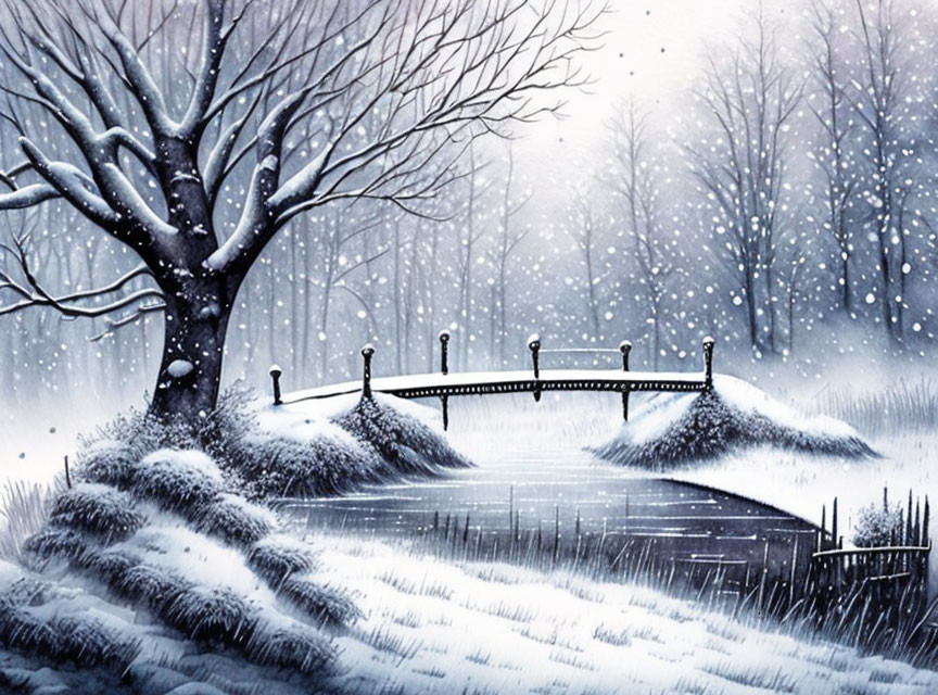 Snow-covered winter landscape with wooden bridge over frozen creek