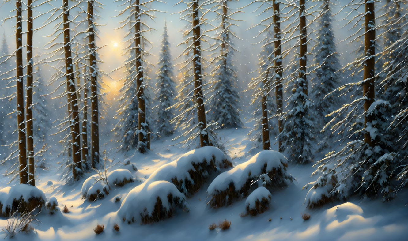 Snowy Forest with Sunlight Filtering Through Tall Pine Trees