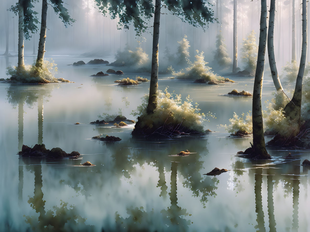 Tranquil forest landscape with sunlit trees reflected in misty blue lake