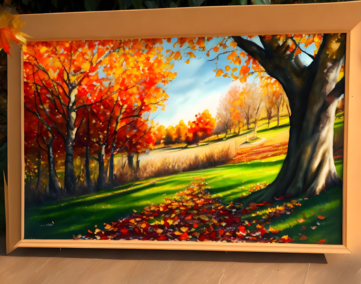 Autumn landscape painting with orange and red trees, fallen leaves, and clear sky on easel