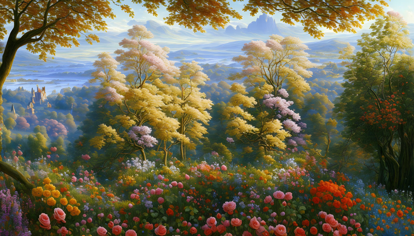 Colorful Landscape Painting with Rolling Hills, Flowers, Trees, and Castles