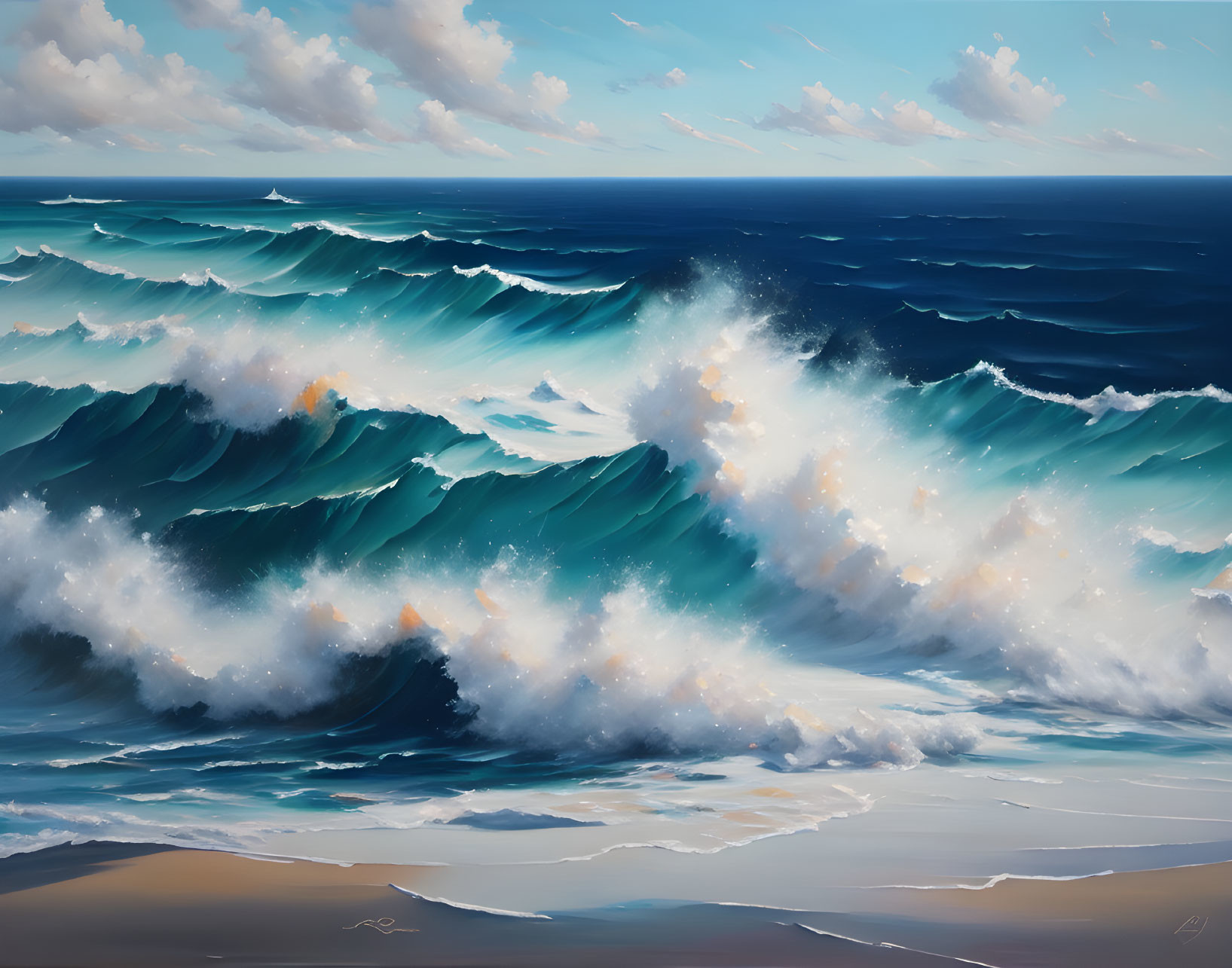 Ocean Waves Painting: Foamy Crests, Blue Sky, Distant Clouds