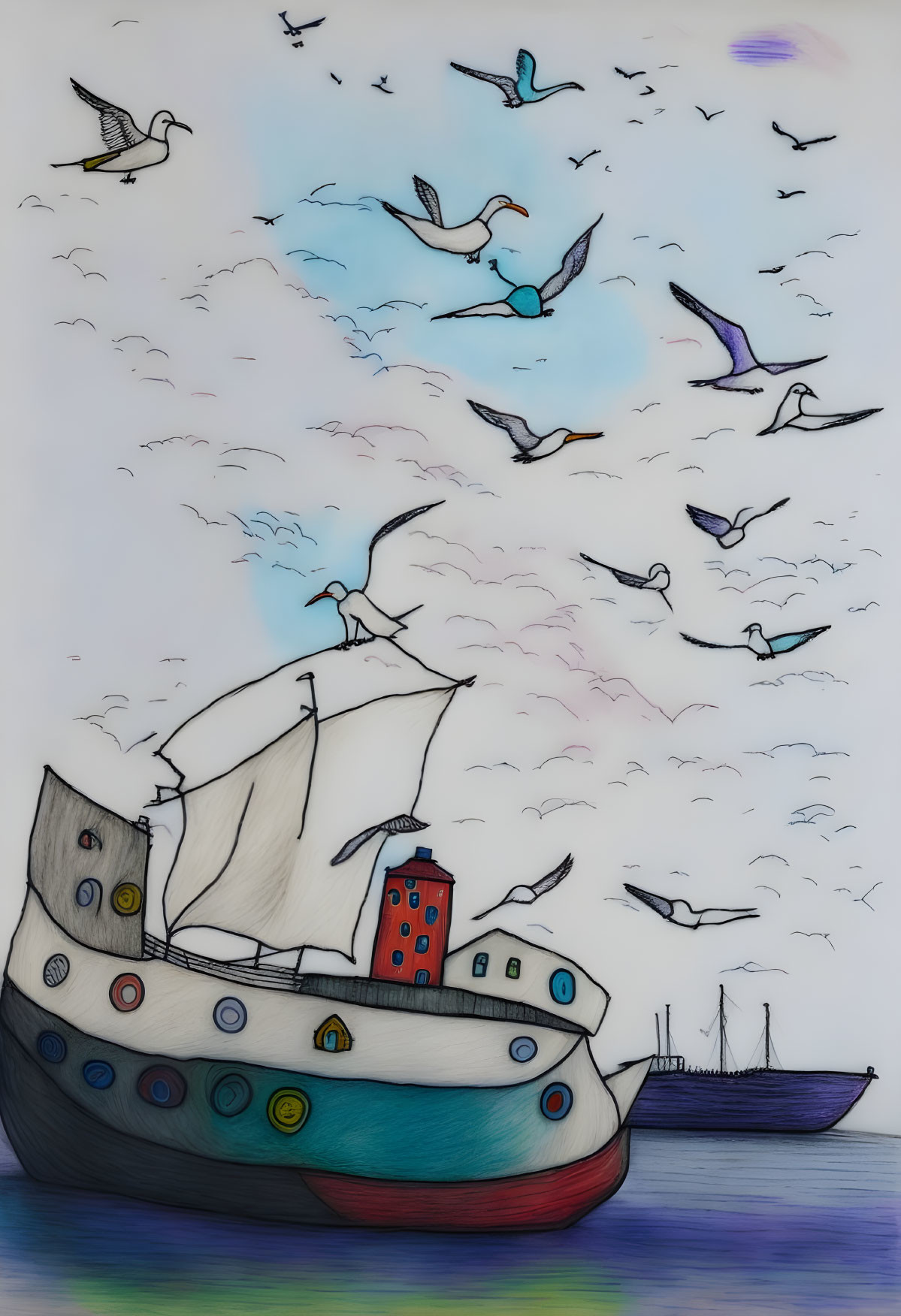 Whimsical ship illustration with colorful sails and birds in sky