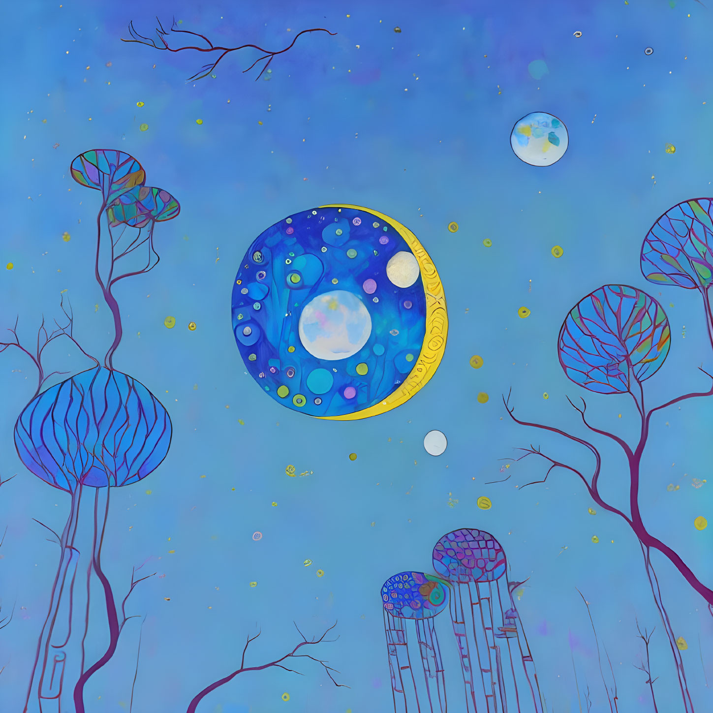 Colorful Illustration of Starry Sky with Tree-like Structures and Celestial Orbs