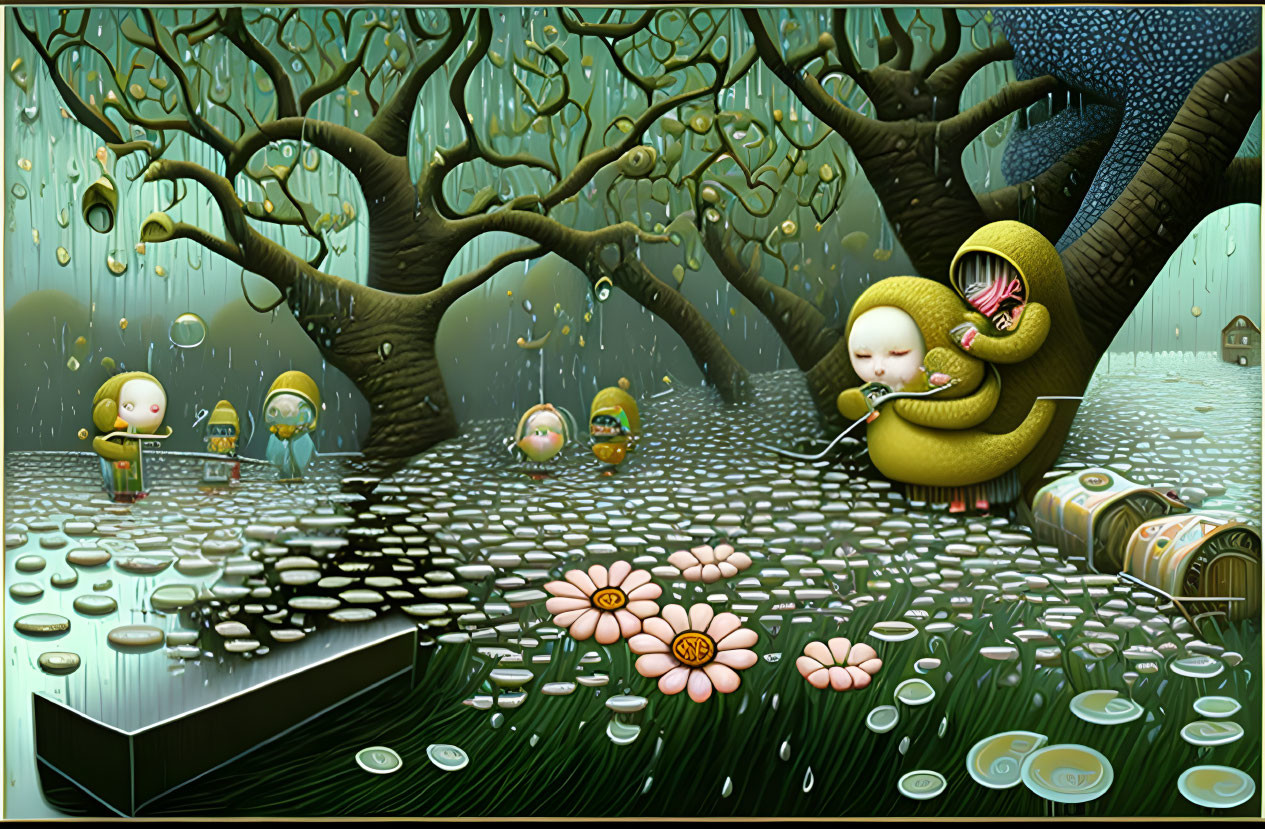 Whimsical forest scene with round-faced characters, umbrellas, flowers, and tree trunk abode