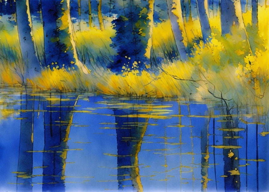 Serene Impressionist Painting of Blue Water with Autumn Trees