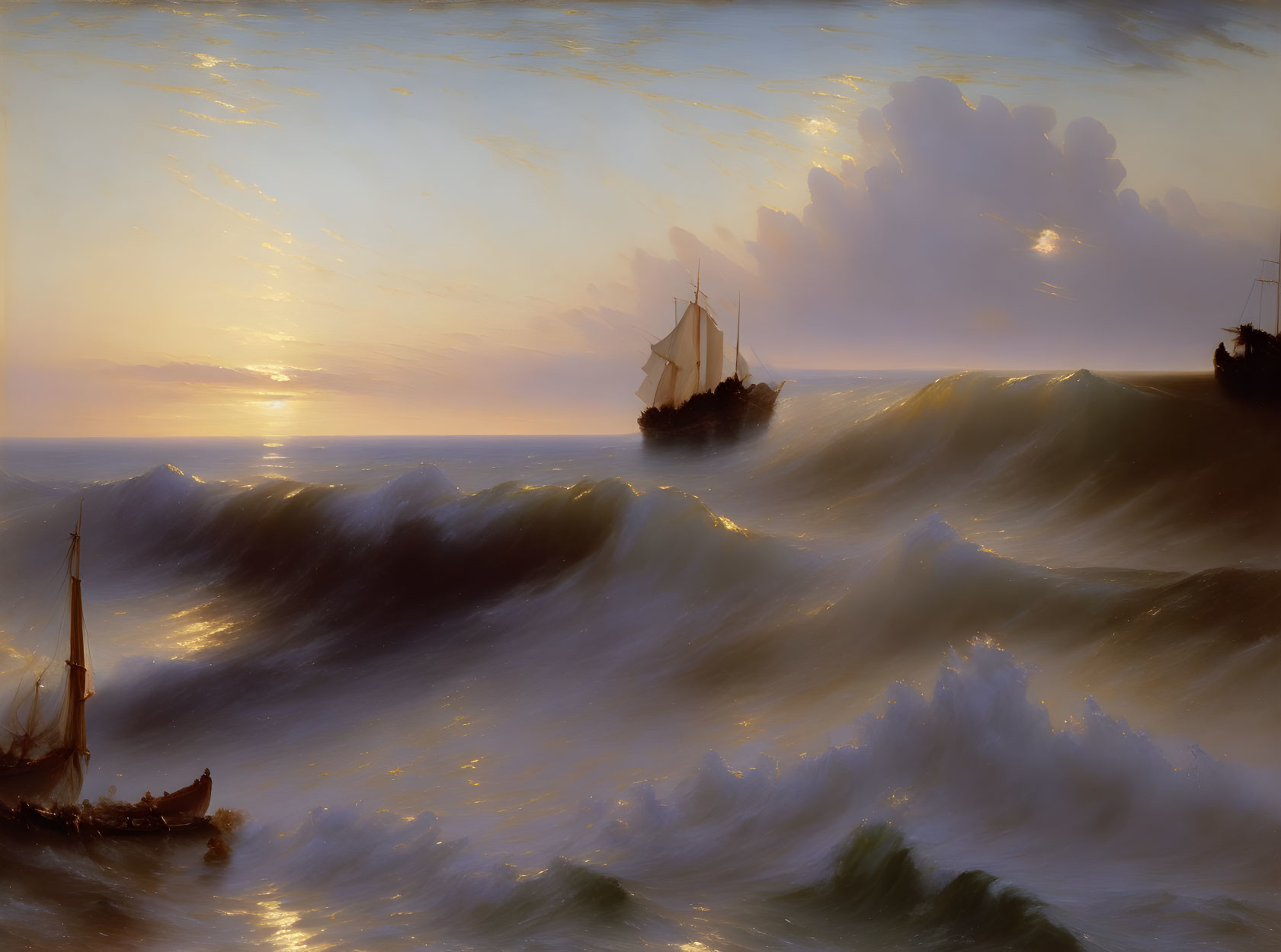 Scenic sunset seascape with sailing ships and choppy waves