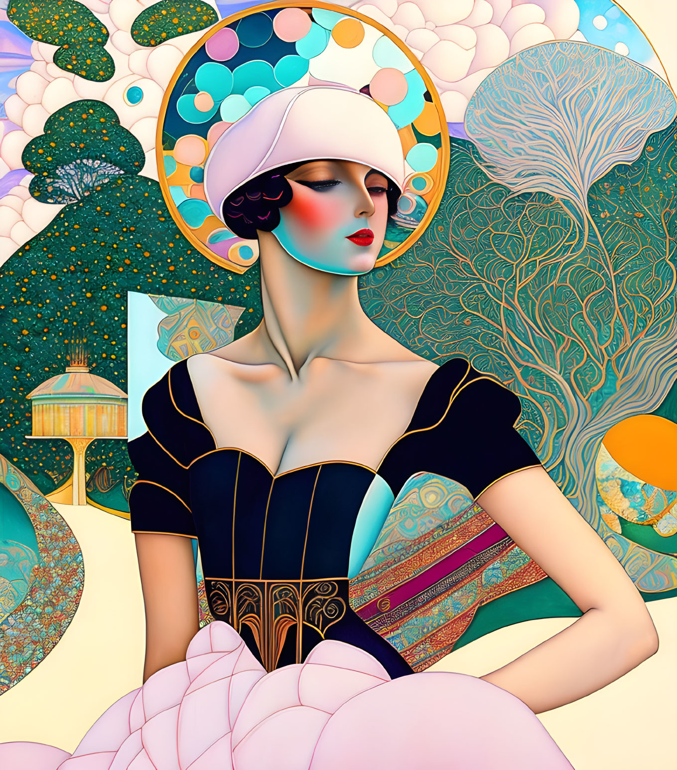 Art Deco Woman Illustration with Stylish Hat & Intricate Patterns