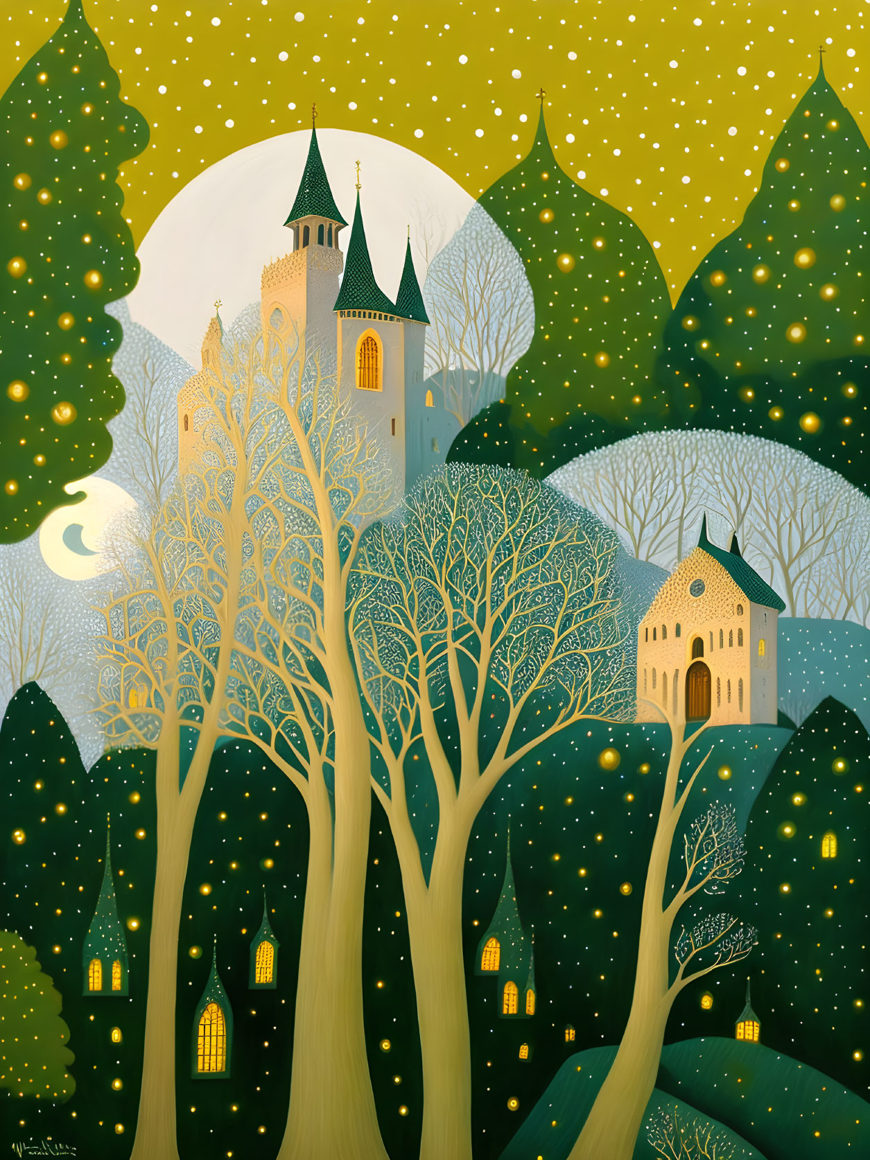 Whimsical painting of starry night over serene village