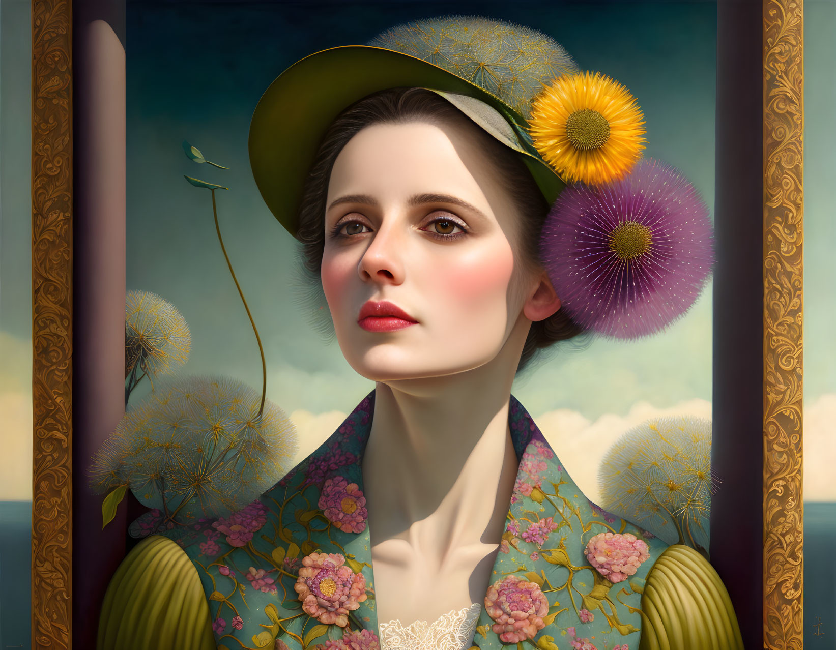 Surreal portrait of woman with floral elements and ethereal landscape.