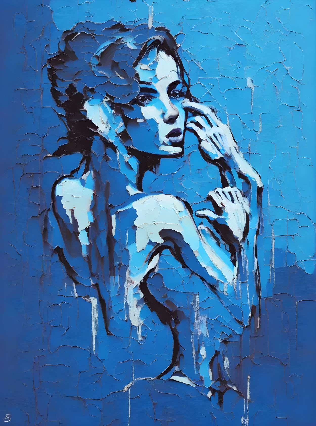 Abstract painting of woman with hand on cheek on textured background