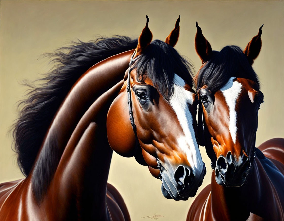 Dark-coated horses with black manes, one facing forward, the other facing left with a bent