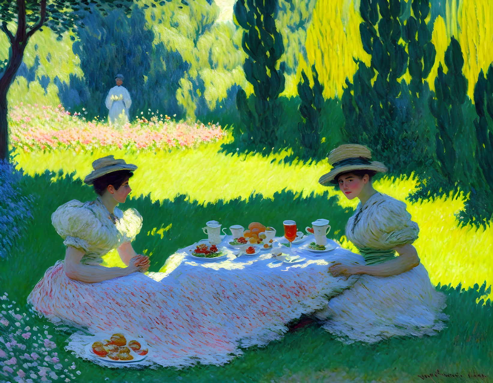 Two women in white dresses at picnic on grass with food, sunny day and green trees.