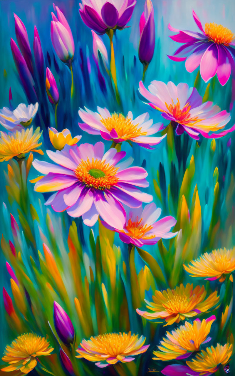 Colorful Flowers Painting: Purple, White, Yellow Petals on Blue-Green Background