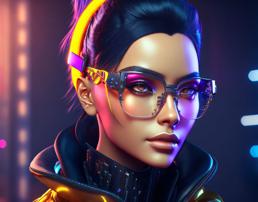 Futuristic digital artwork: woman with glowing skin and vibrant hair highlights against neon-lit background