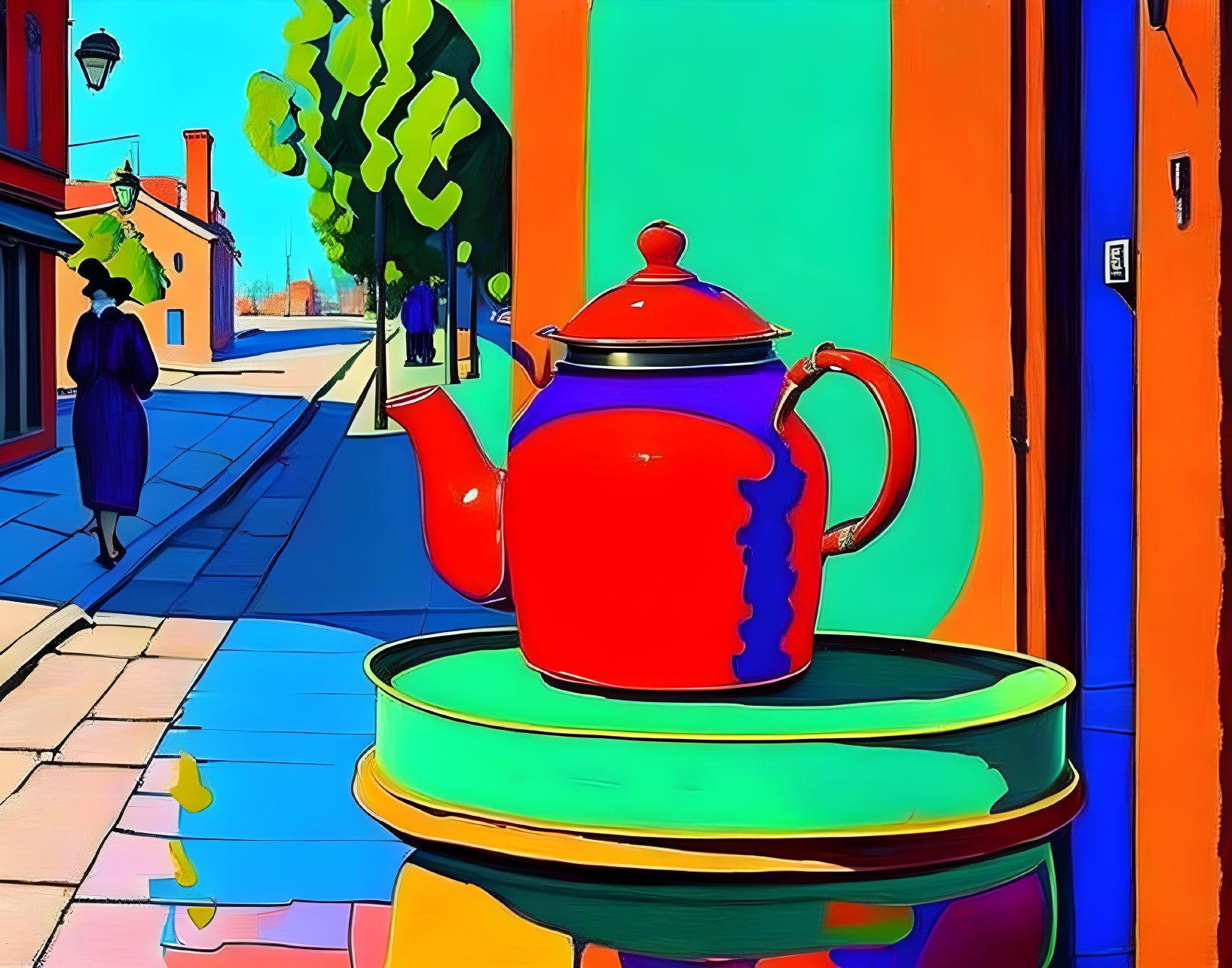 Vivid red teapot and person in colorful street scene