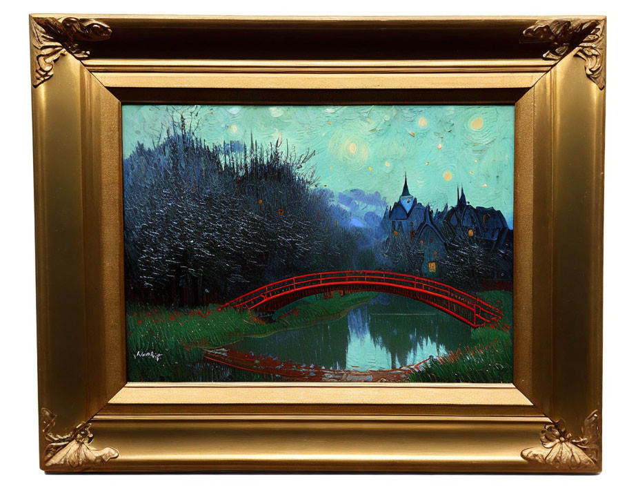 Gilded frame with red bridge painting on tranquil river and snowy trees