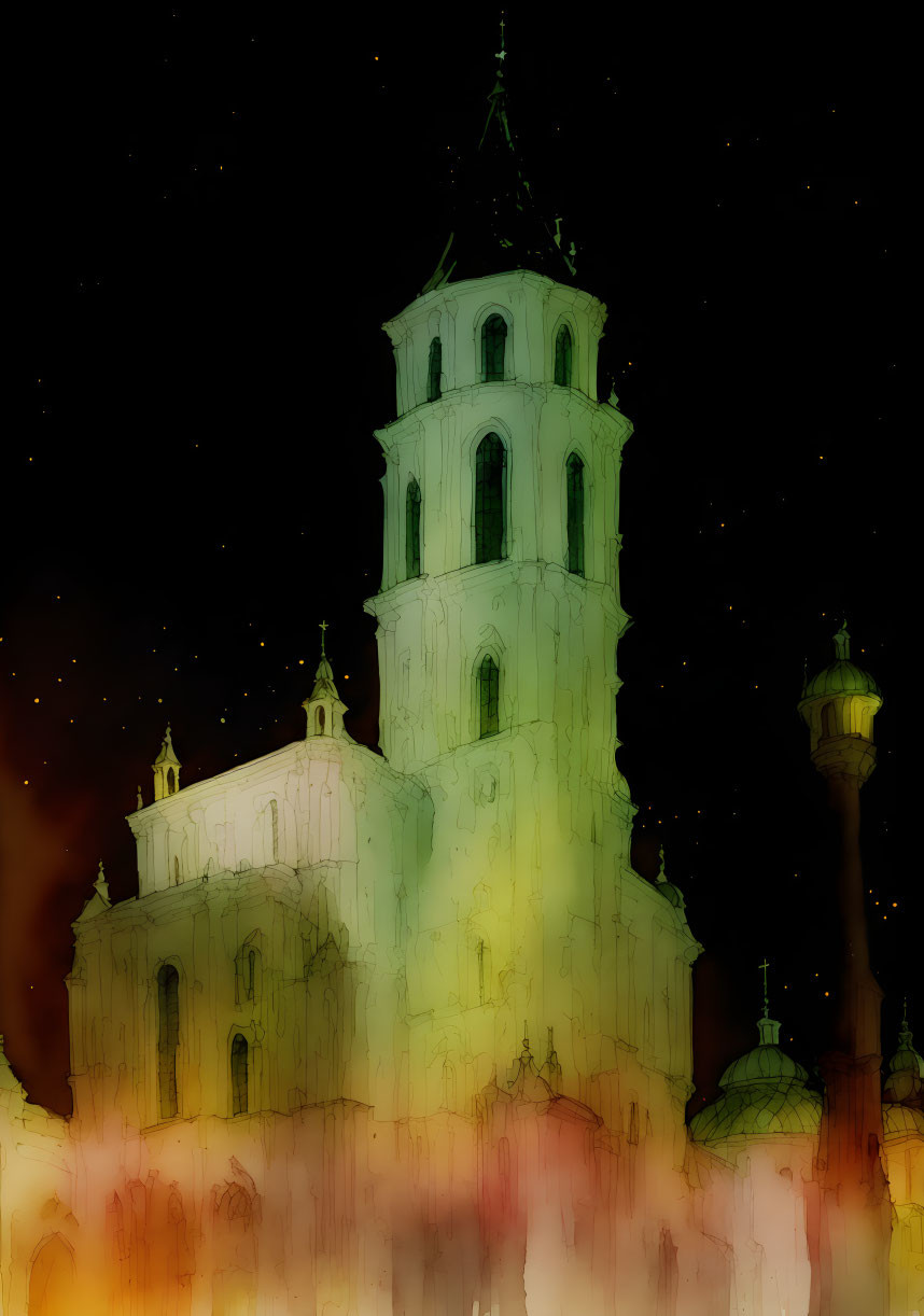 Nighttime artistic depiction of illuminated historic tower under starry sky