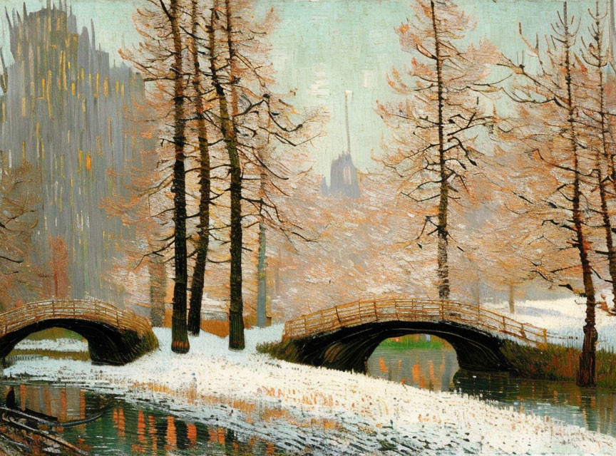 Scenic painting of snowy park with bare trees and bridge