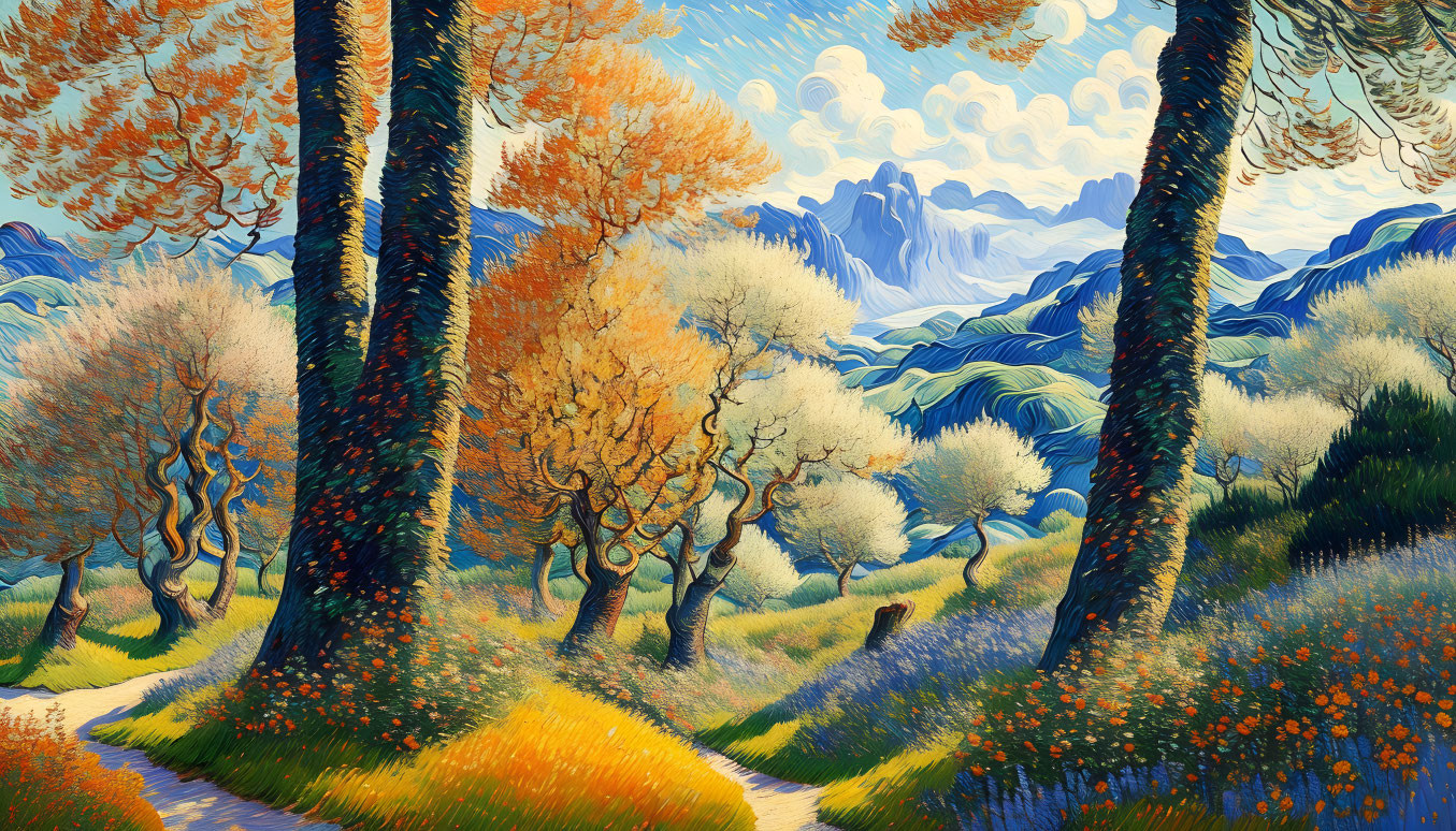 Colorful autumn landscape with stylized trees, path, mountains, and cloudy sky