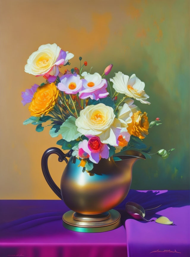 Colorful bouquet in metallic jug on purple surface with silver spoon