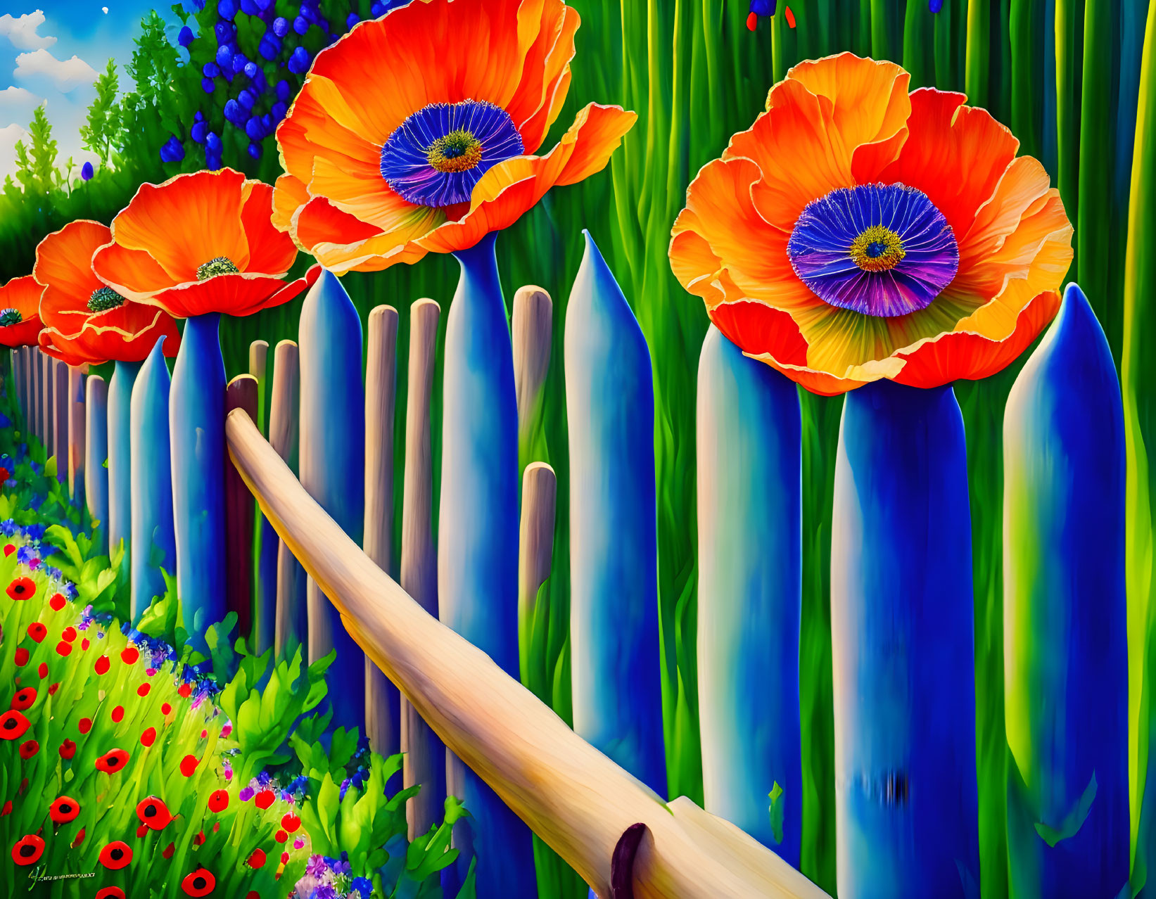 Colorful painting of red and blue poppies with picket fence under clear sky