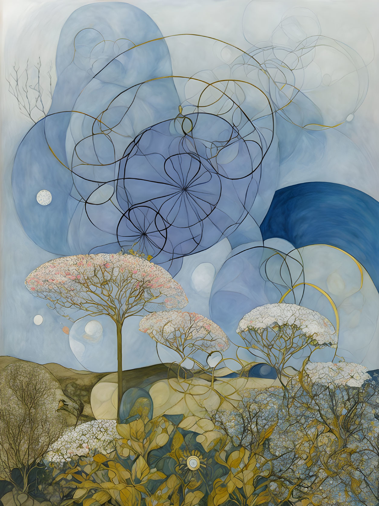 Abstract painting: Blue circles over tranquil landscape with white blooms, golden foliage, and bubble-like spheres