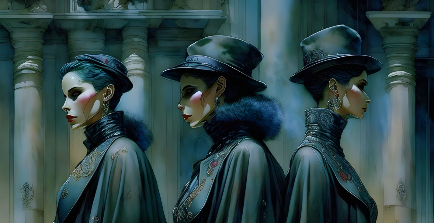 Three women in vintage attire with top hats and painted white faces pose by classical columns, creating a mysterious