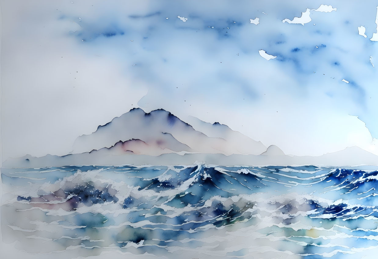 Serene sea with dynamic waves and misty mountain in watercolor