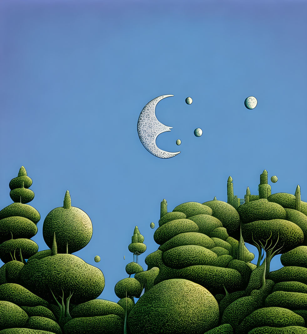 Whimsical landscape with green trees, moon, and floating spheres