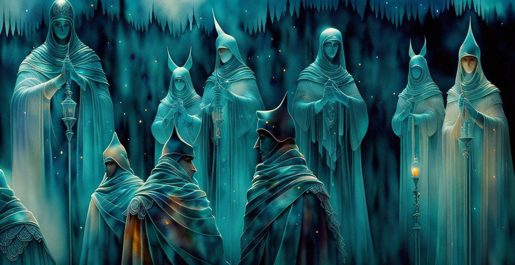 Mystical figures in cloaks and hoods in blue forest ambiance