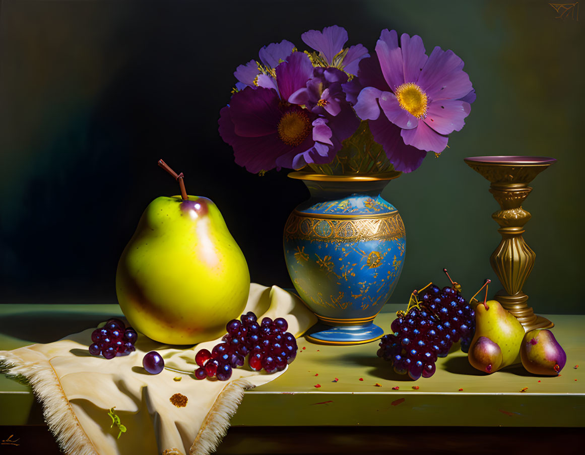 Vivid green pear, purple grapes, flowers, and candlestick in still life painting