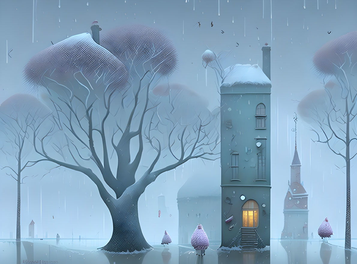 Winter scene with tree, cozy house, creatures in cloaks.