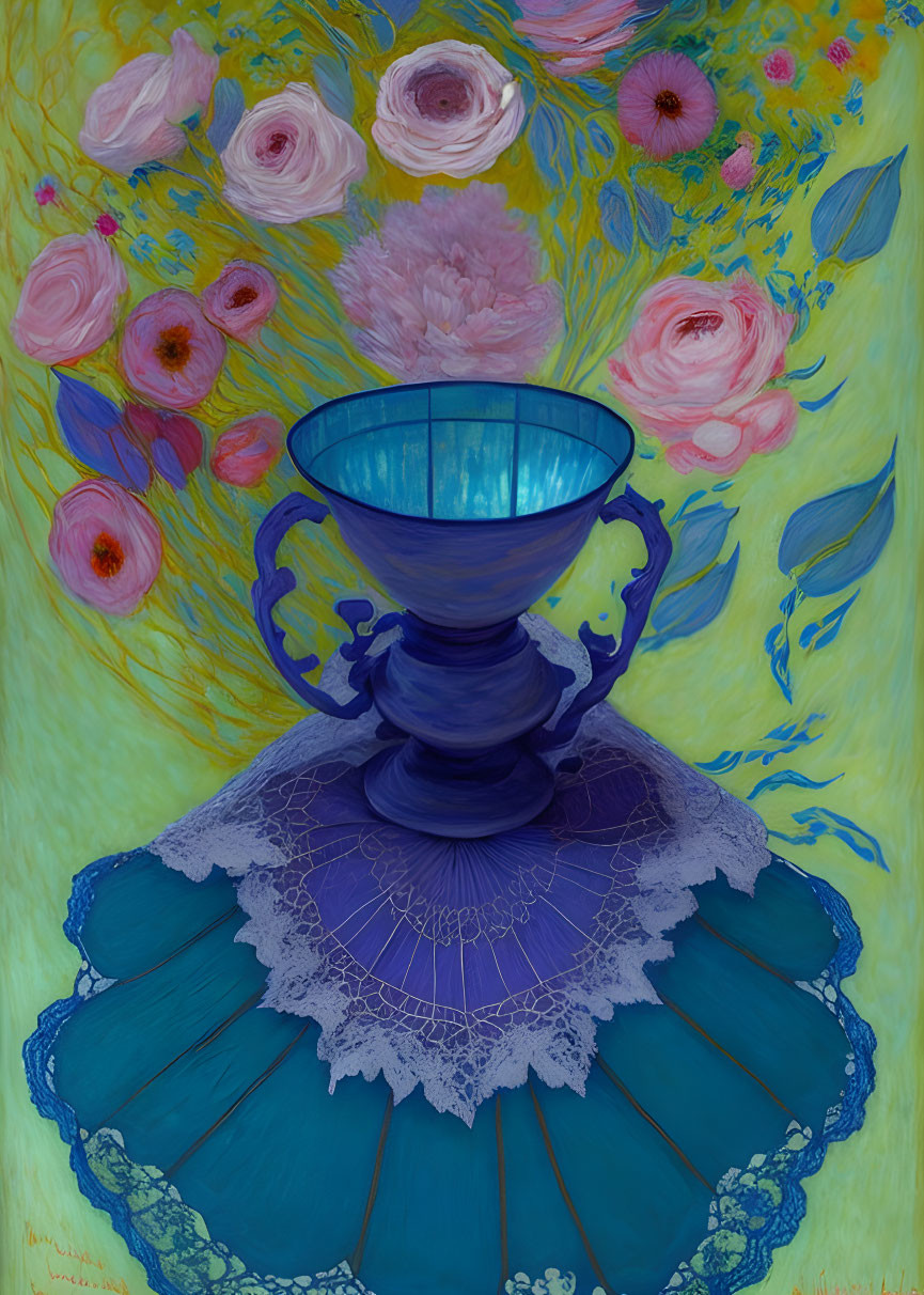 Cobalt blue chalice on lace with yellow background and pink roses