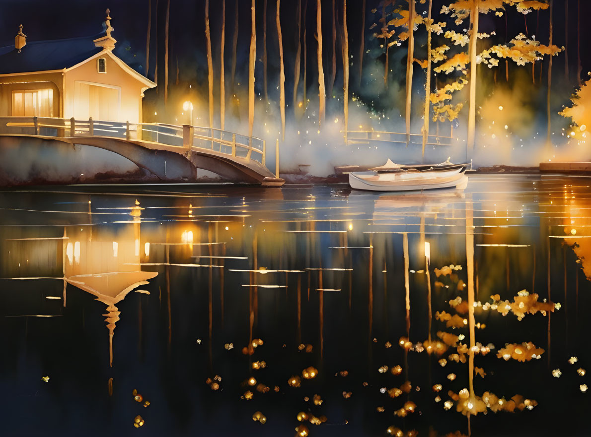 Tranquil autumn night scene with lakeside cabin, golden leaves, reflection, rowboat, and