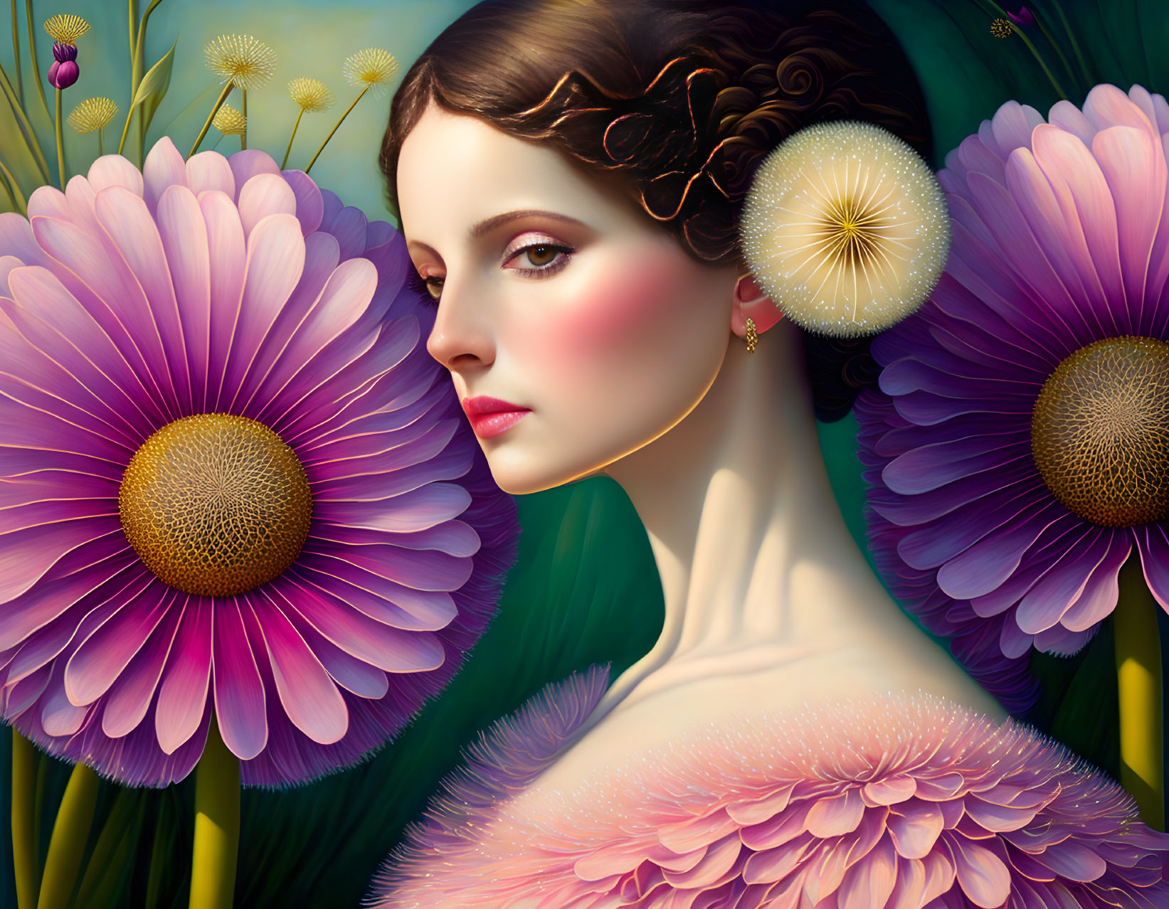 Portrait of Woman with Pink Flowers and Dandelions in Background