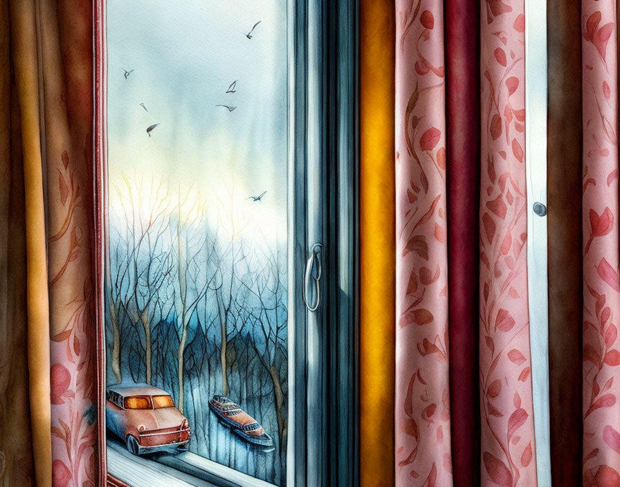 Winter window view with red car, boat, and birds